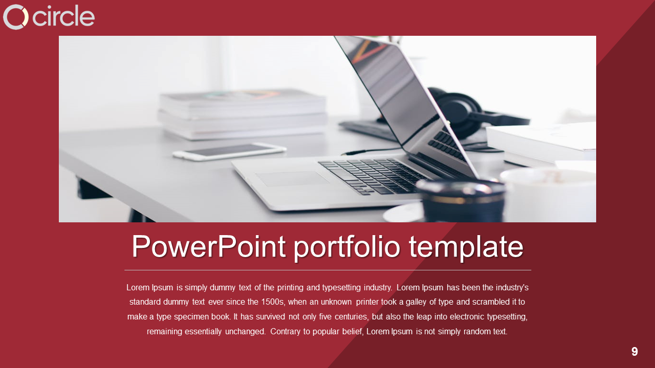 Portfolio PPT template with a laptop, cup, and stationary on a desk with a maroon background with placeholder text.