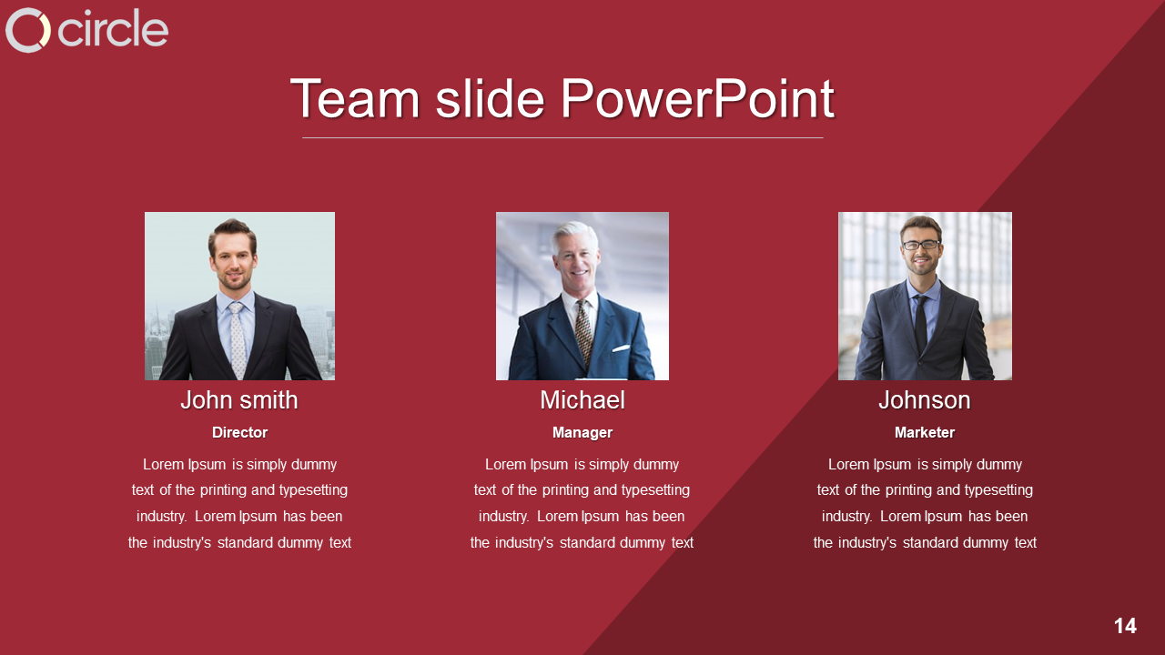 Team slide with a red background, showcasing three professional images with corresponding titles and roles.