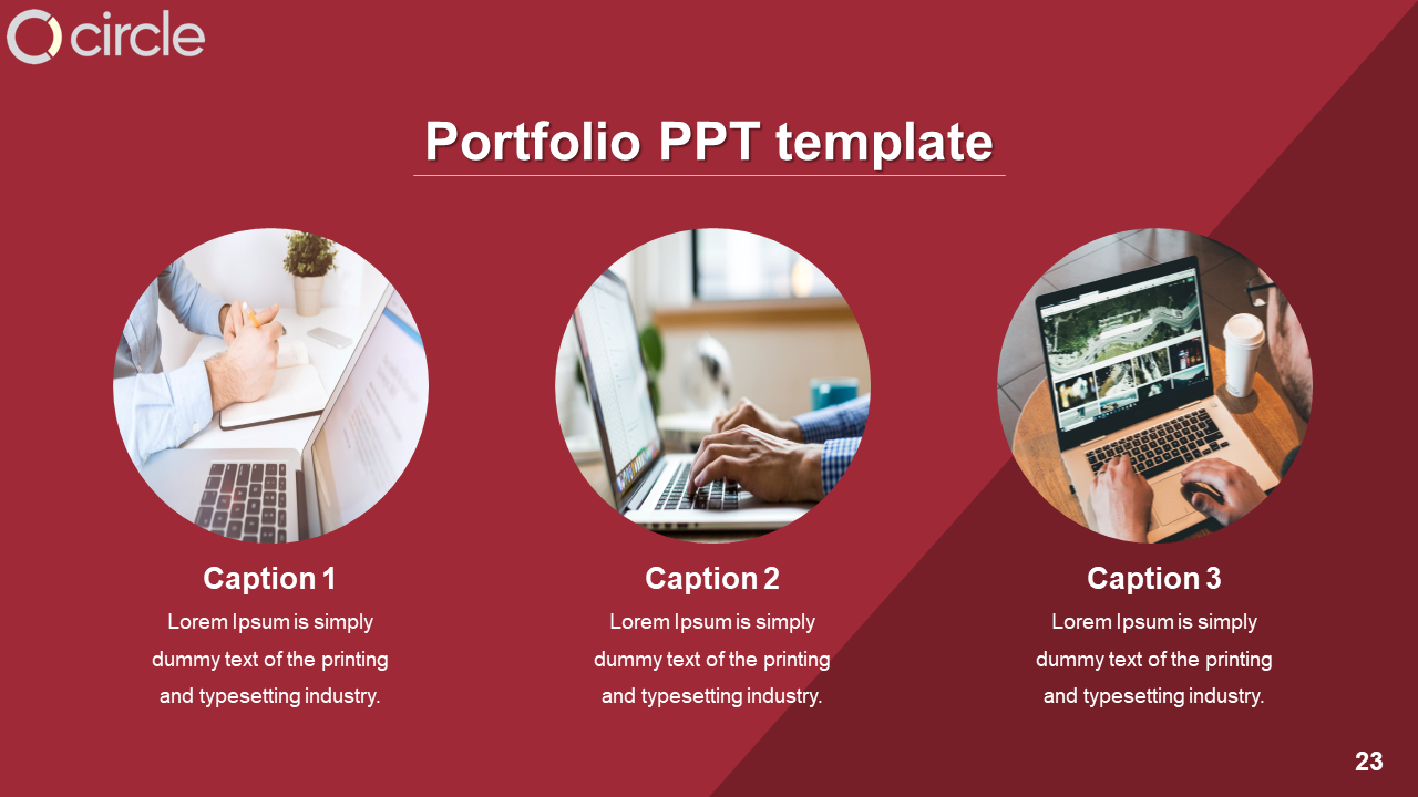 Three circular images on a red background showcasing different work activities with laptop, and captions below.