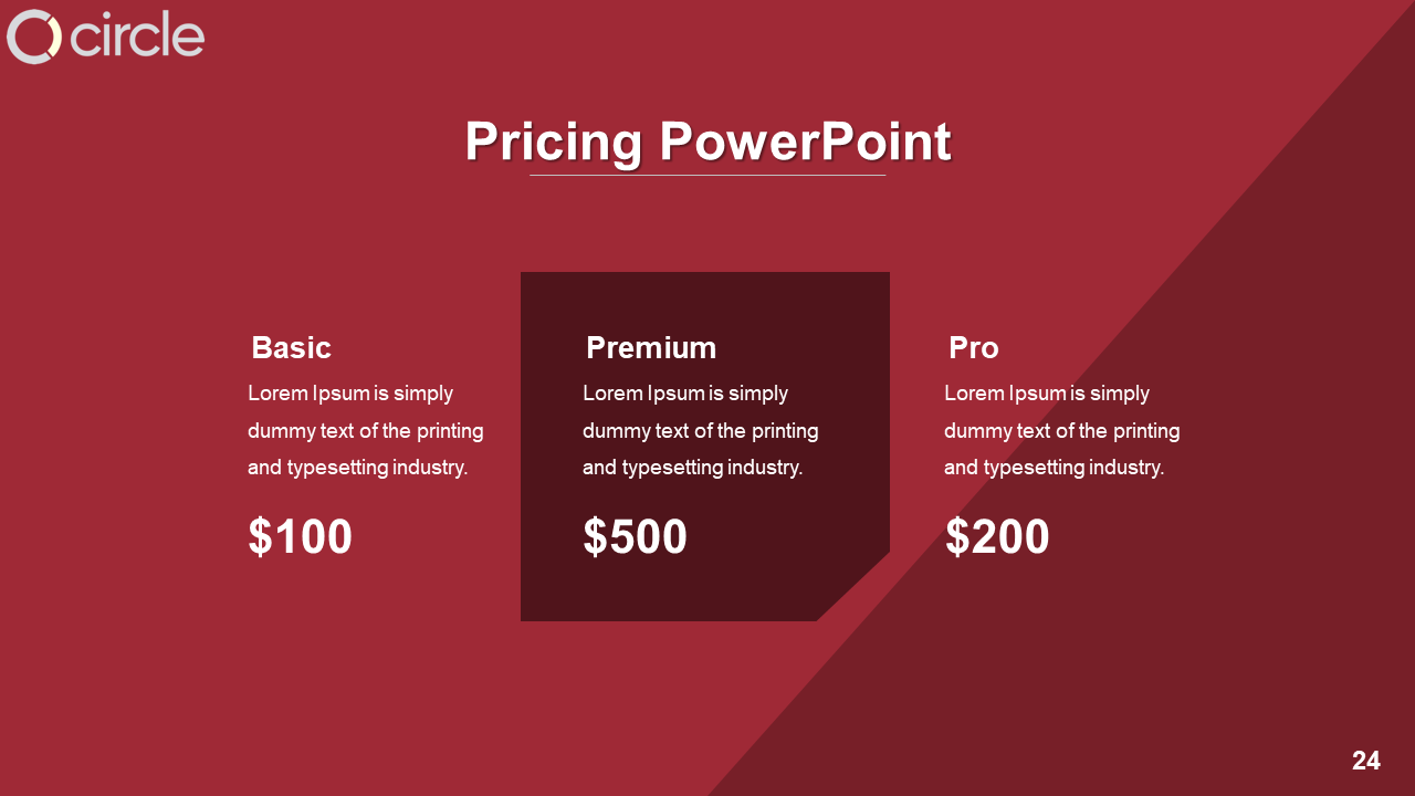 Red and maroon slide with three distinct pricing boxes, each in different rectangular shapes, showing price details.