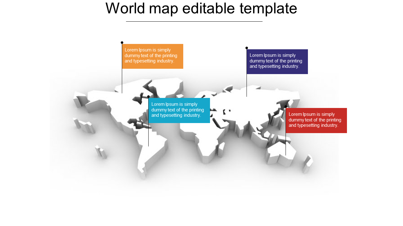 World map PPT slide with four colored text boxes placed over different regions, each with space for custom information.