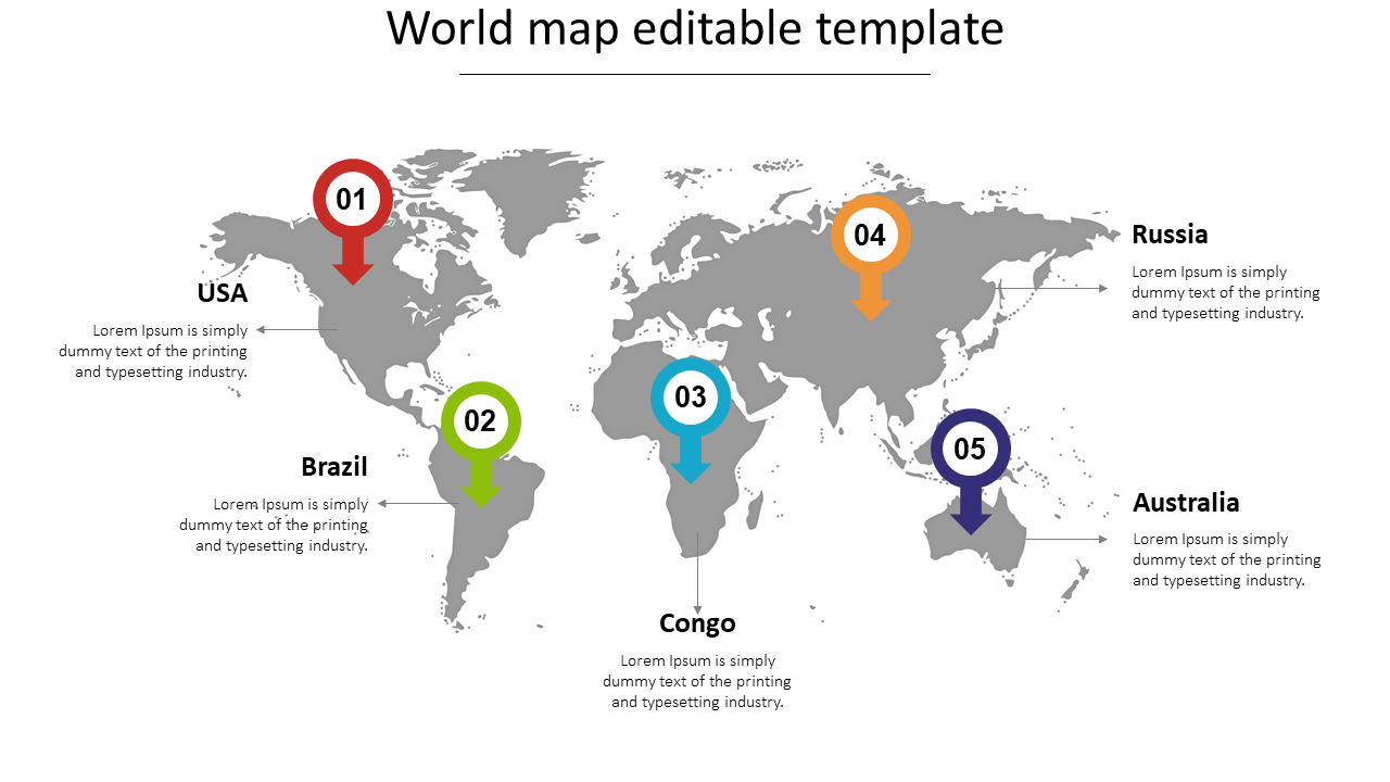 World map slide with numbered location markers for the USA, Brazil, Congo, Russia, and Australia, each in different colors.