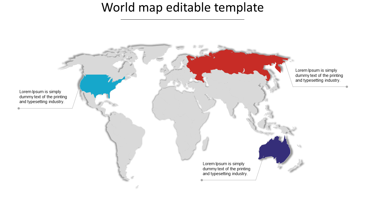 World map with colored regions in blue, red, and purple, along with text descriptions pointing to each area.