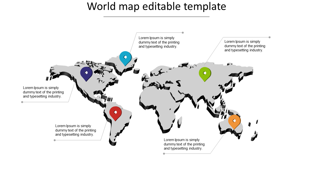 World map PPT template with colorful location markers and caption points with placeholder text.