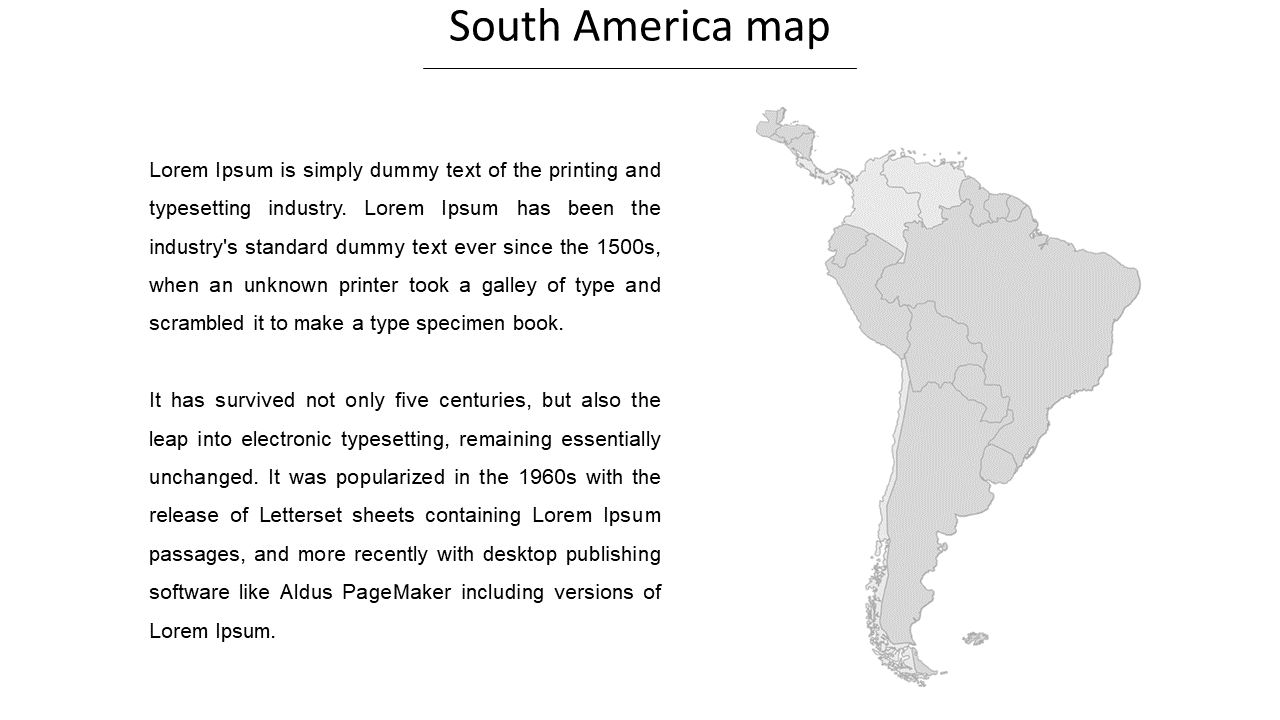 South America map displayed on the right side, with detailed text about its history on the left.