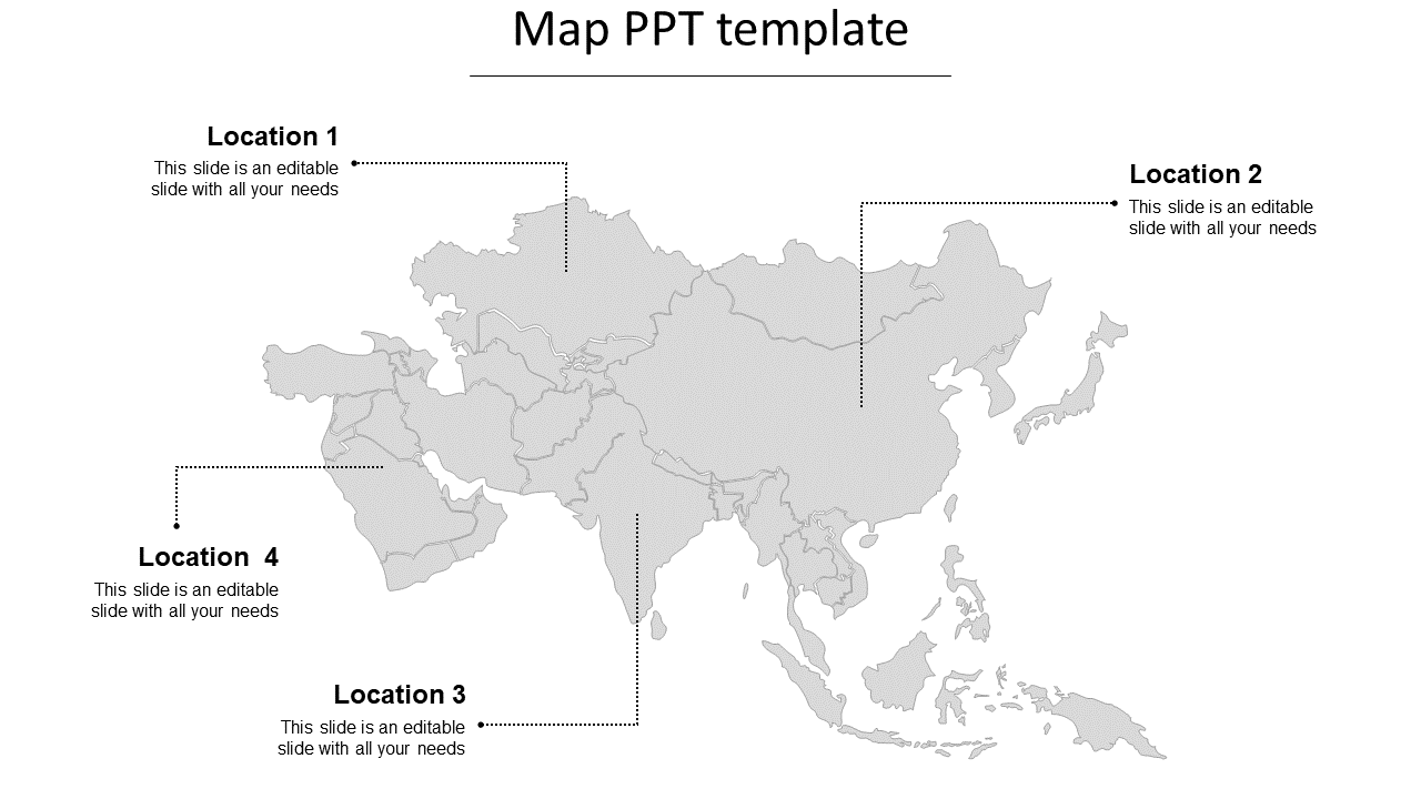 Asia map template with four labeled locations connected by dotted lines to text placeholders.