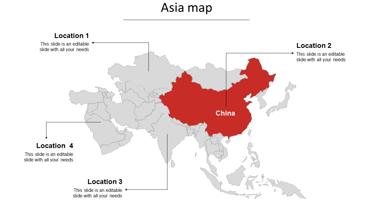 Asia map with China highlighted in red and four labeled placeholder locations marked with dotted lines.