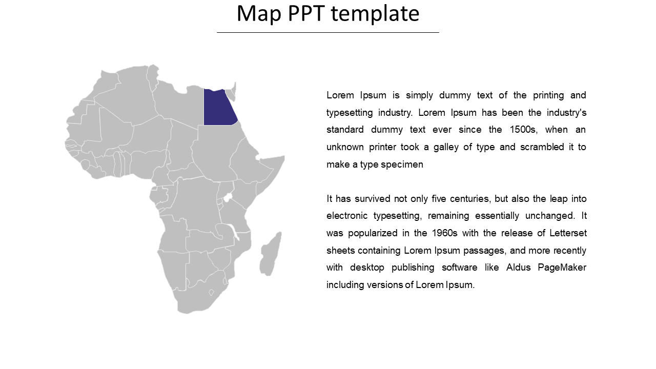 Map PowerPoint template highlighting a region in Northern Africa with placeholder text for a description.