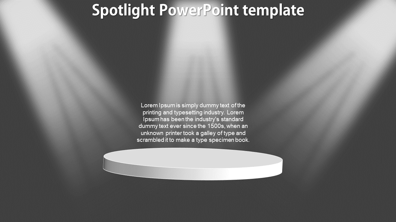 Three spotlights focused on a white round platform on a gray background, with text in the center.