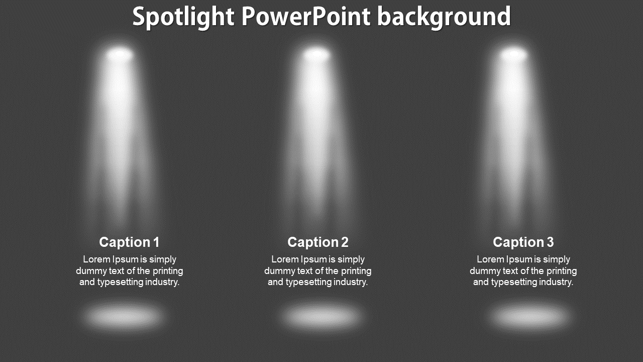 Three vertical white spotlights on a dark gray background, each with placeholder text.