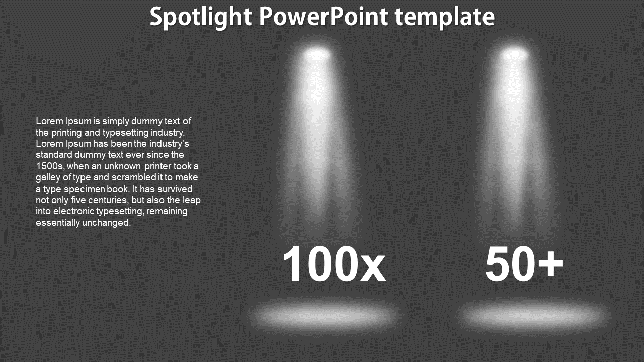 Spotlight themed slide with two light beams illuminating numbers and left aligned text, on a dark background.