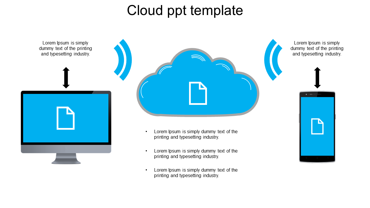 Blue themed slide with illustration of cloud computing showing data flow between a cloud, a computer, and a smartphone.