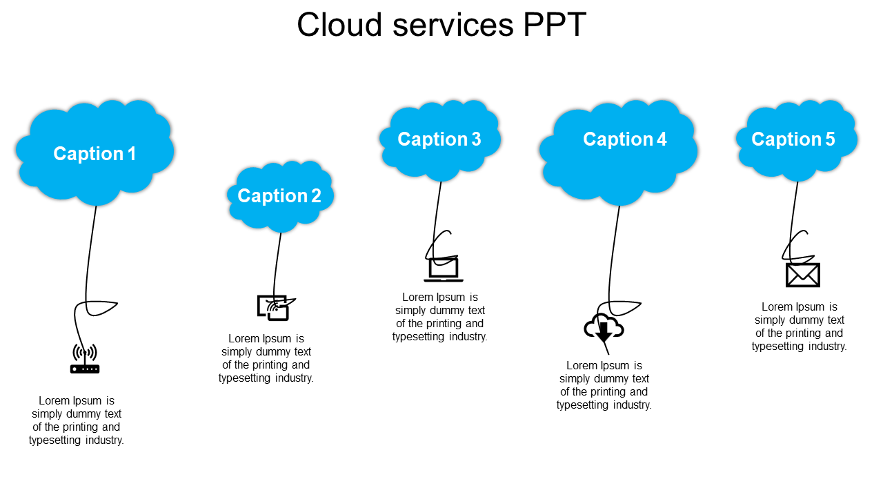 Five blue cloud shapes at the top connected with thin lines to various icons below, aligned horizontally.