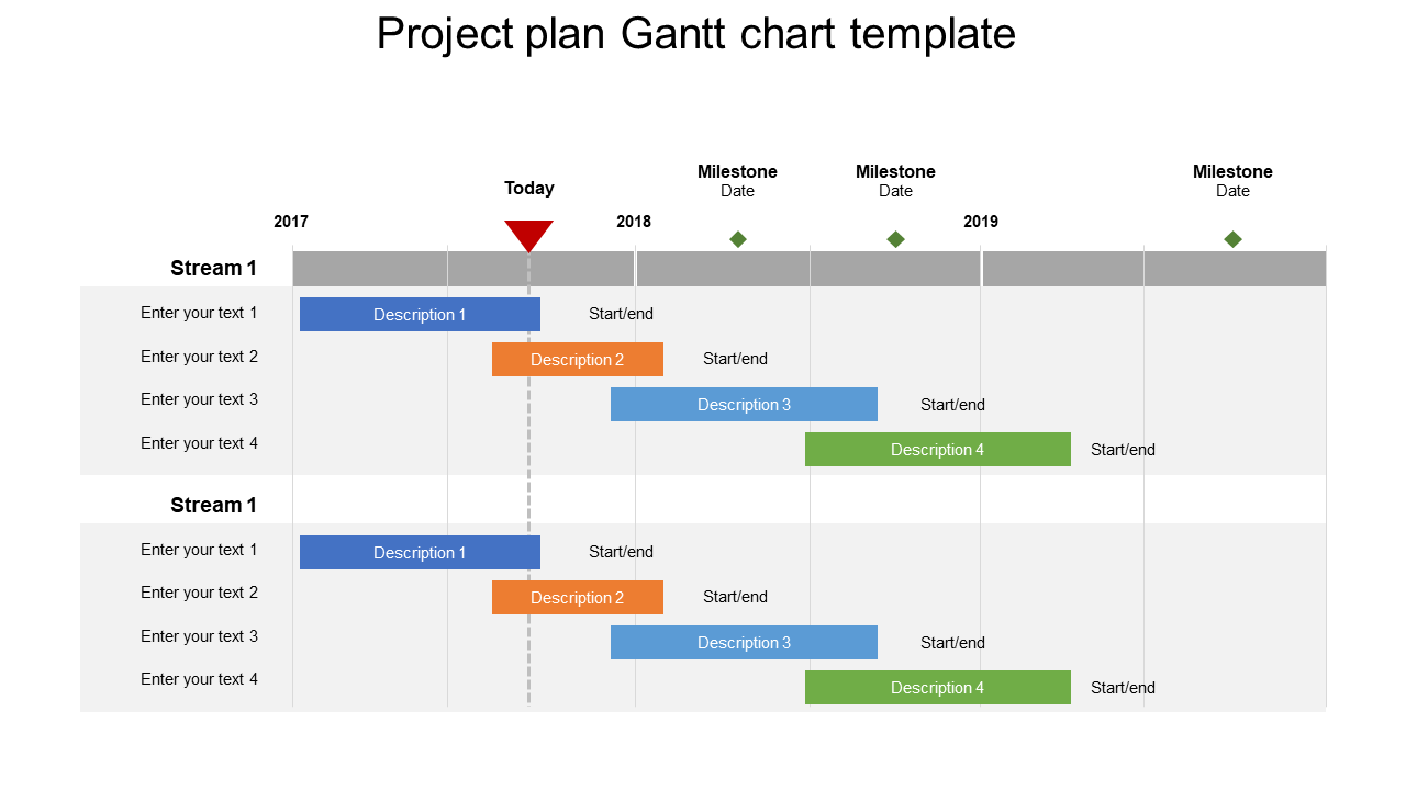 Project plan Gantt chart template with timeline, color coded tasks descriptions, and milestones spanning from 2017 to 2019.