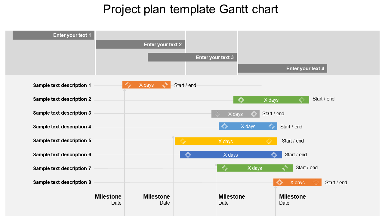 Project plan Gantt chart PPT template with tasks labeled sample text description and milestones, with color coded bars.