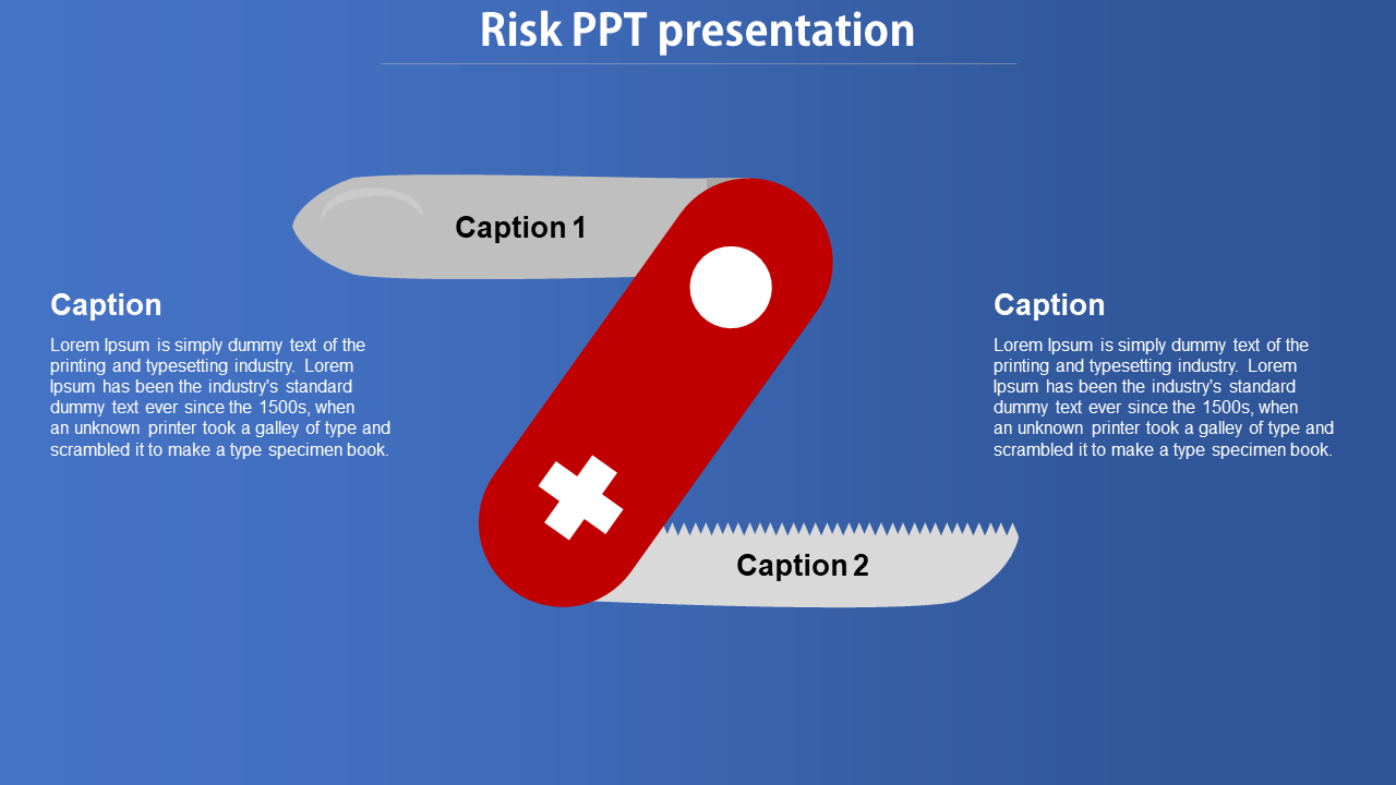 Risk PowerPoint presentation slide showing a Swiss army knife with two tools and placeholder text captions.