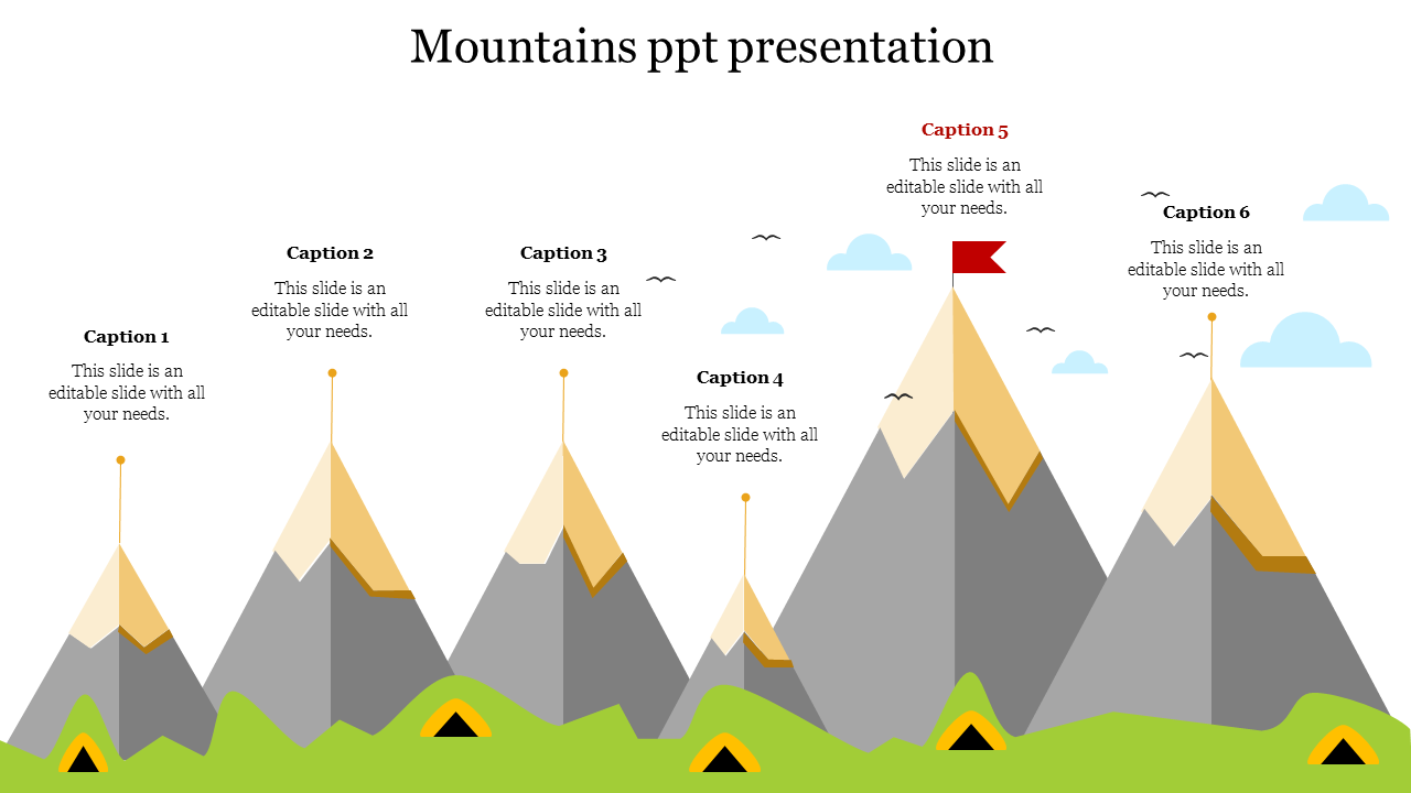 Mountain-themed slide with six labeled peaks, each with a flag and caption above, showing an infographic style.