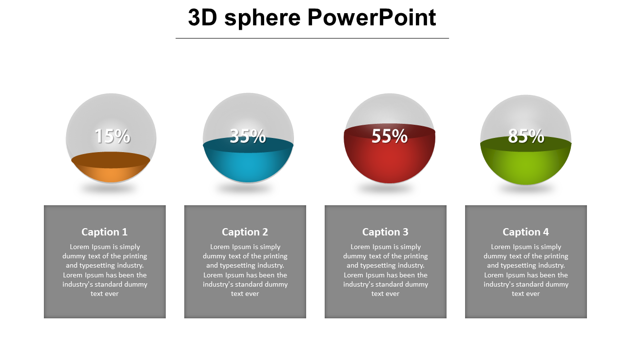 PowerPoint slide featuring four colored 3D spheres with percentage values and corresponding captions beneath each.