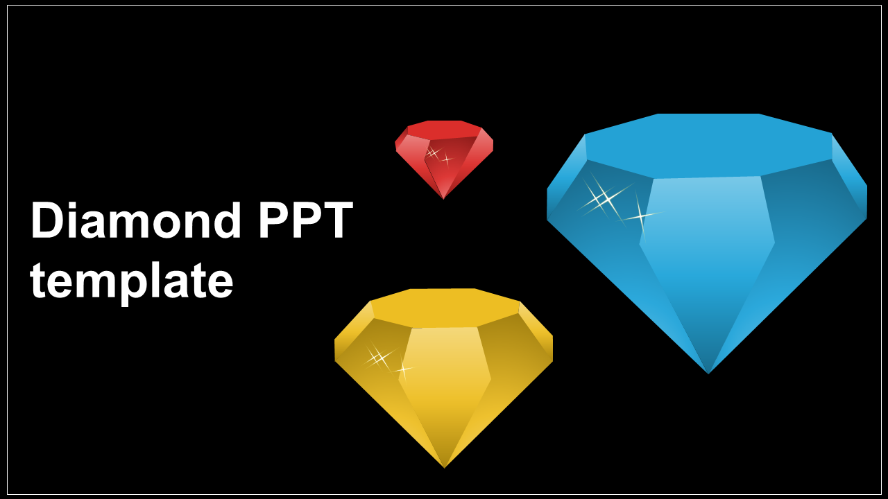 Slide featuring three faceted diamonds in blue, yellow, and red on a dark background with text on the left.