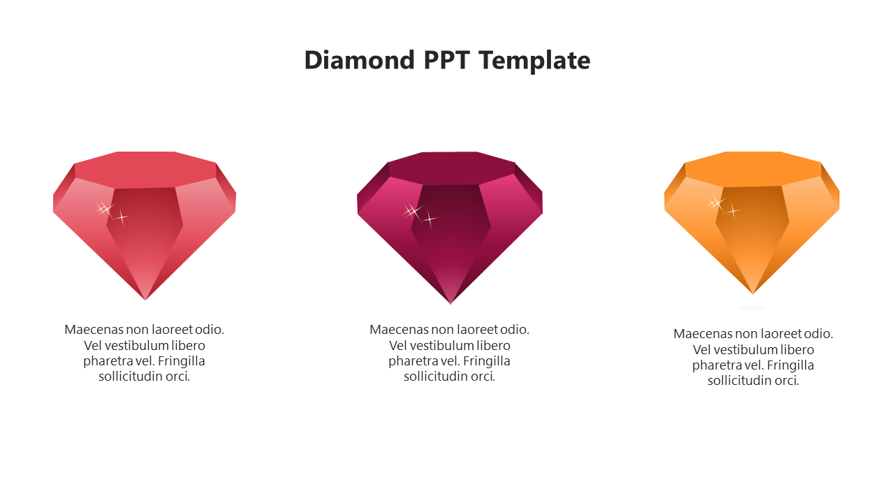 A vibrant diamond themed slide featuring three colorful diamond graphics in red, purple, and orange.