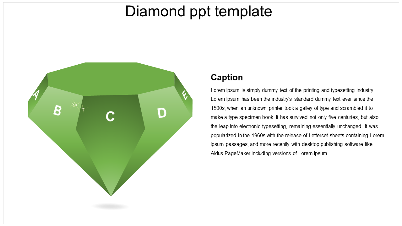 Green diamond graphic labeled with letters A to E, representing various facets of a concept in a PowerPoint template.