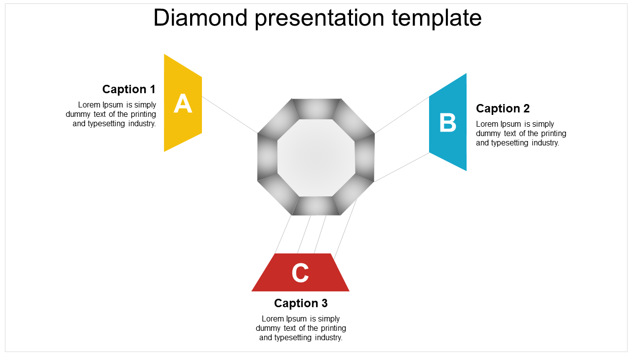 Octagon shape in gray at center with three triangular extensions labeled A, B, and C in yellow, blue, and red.