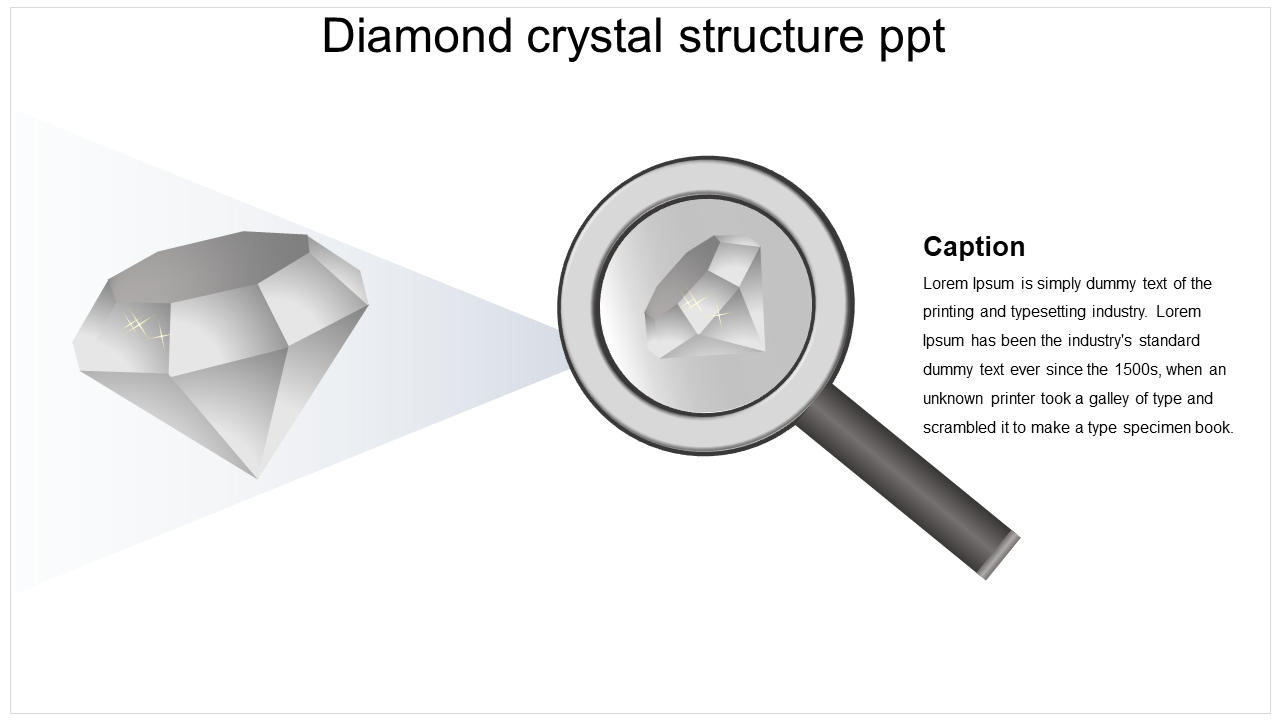 Illustration of a diamond under a magnifying glass, showing its crystal structure, with caption on the right.