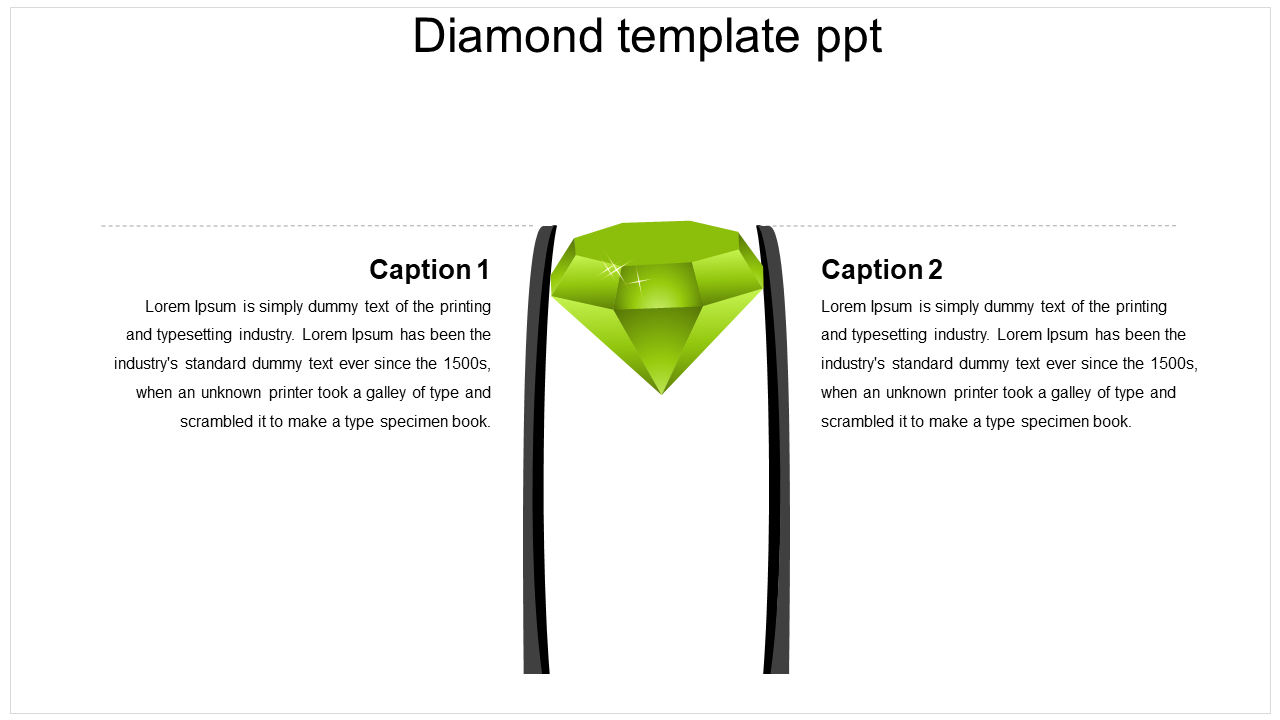 A PowerPoint slide featuring a diamond graphic in the center, flanked by two captions with placeholder text.