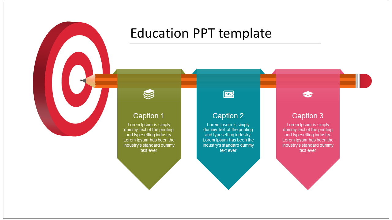 Education PPT slide featuring a target graphic and colorful banners for captions with icons.