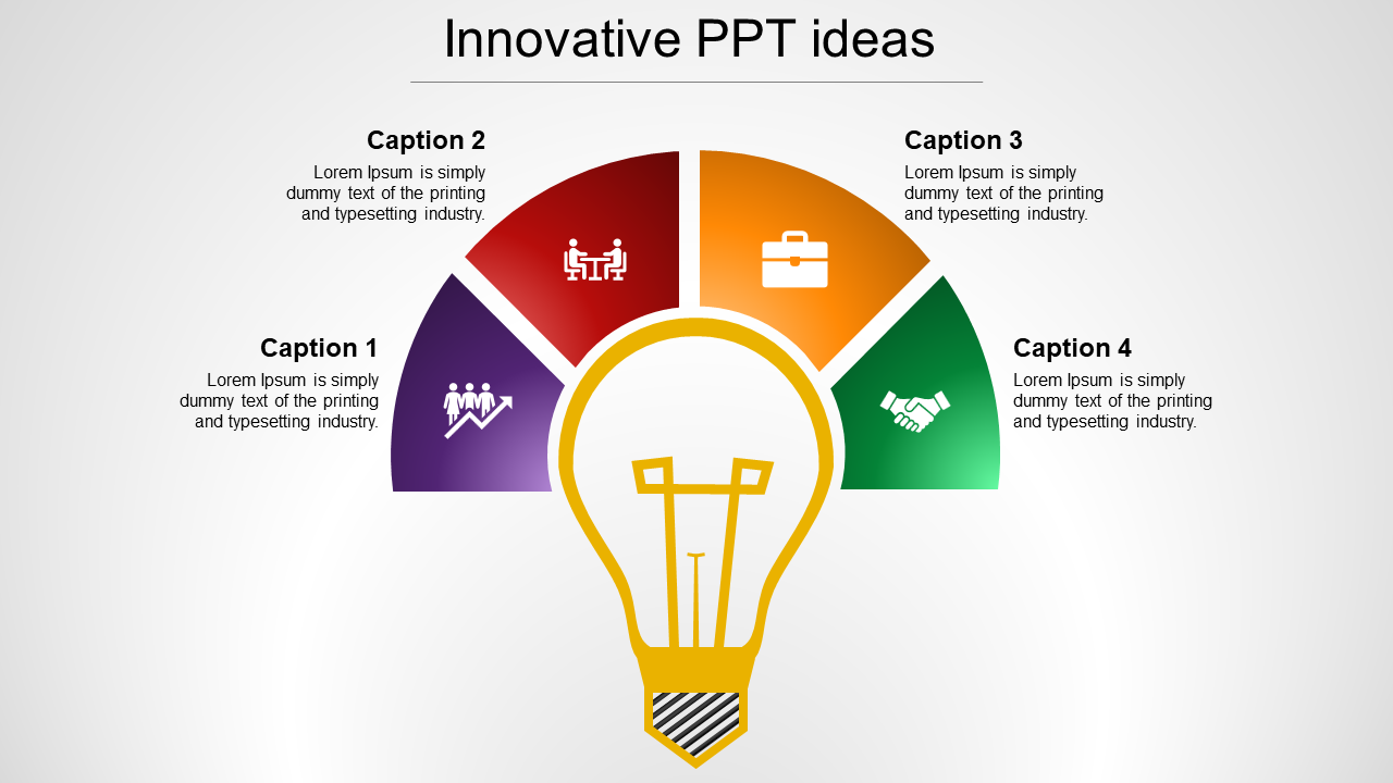 Ideas template with a central lightbulb and four surrounding segments in red, orange, green, and purple with icons and text.