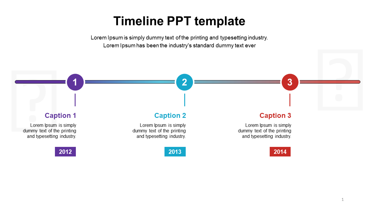 Timeline slide with purple, blue, and red numbered sections, each marked with a year and caption, with connecting lines.