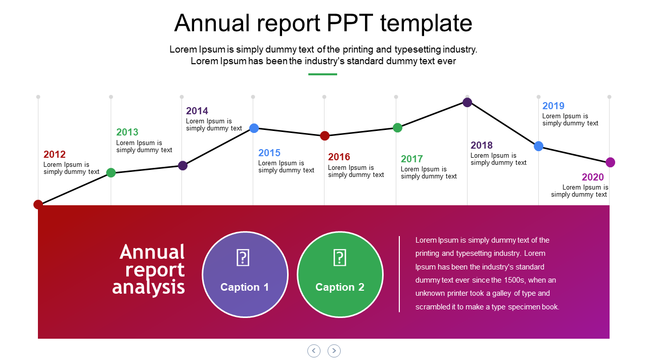 Colorful timeline with year labels from 2012 to 2020, connected by a curved line and two circular captons below.