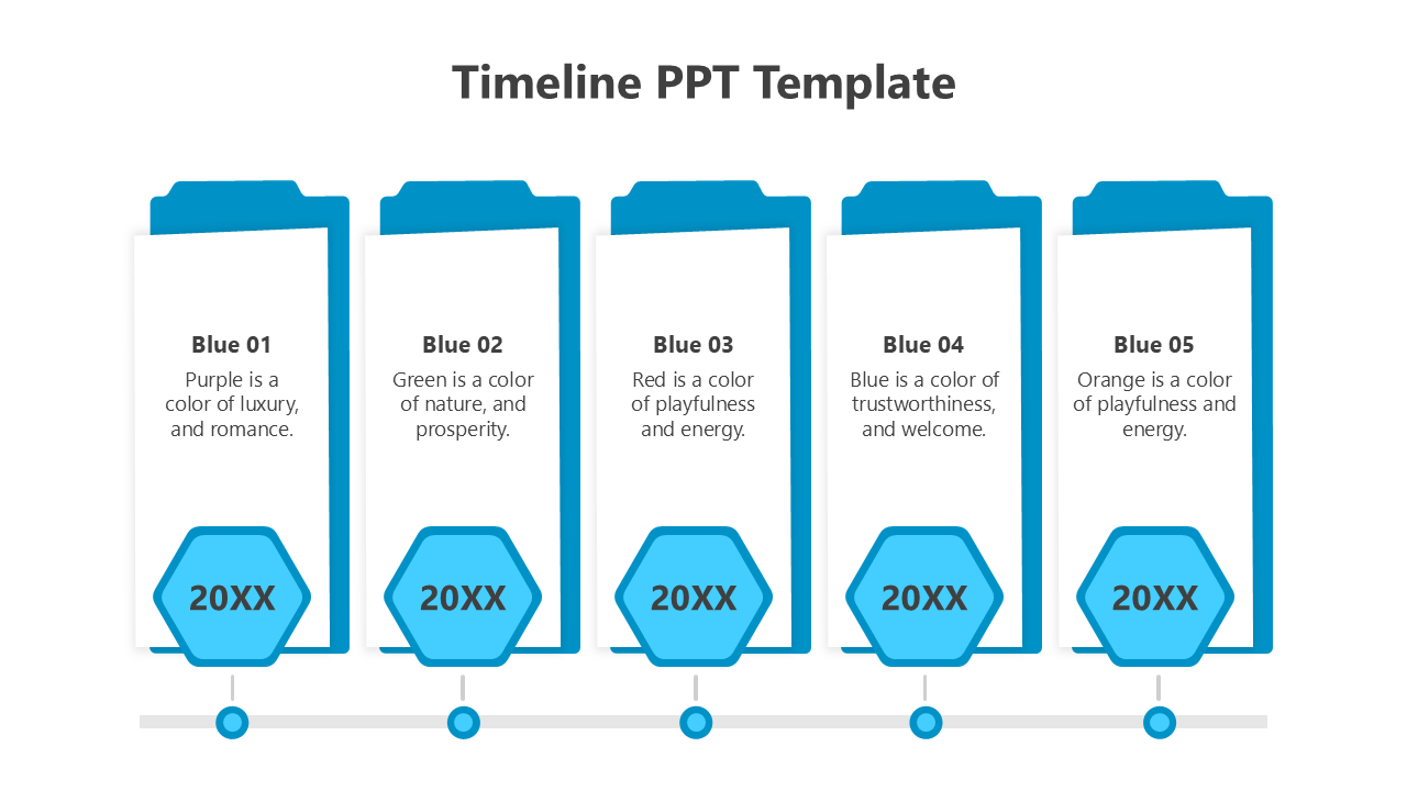 Blue themed timeline template with five hexagonal icons with text, describing different attributes.