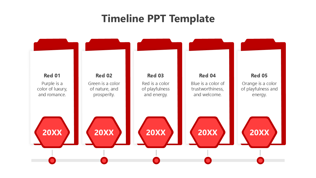 Timeline PowerPoint template with five red themed milestone markers, each describing a different color.