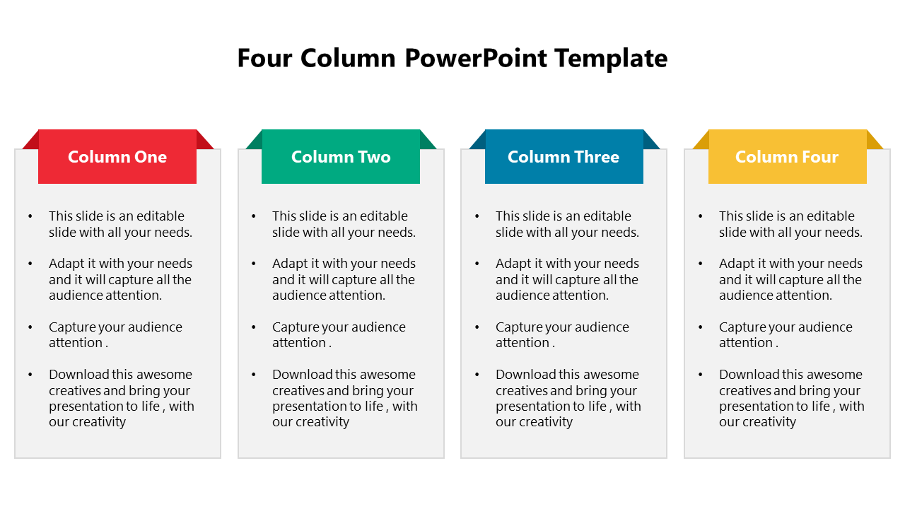 Four column PowerPoint slide sections in red, green, blue, and yellow for text and audience engagement.