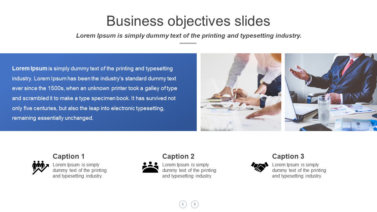 Business objectives slide with a blue text section, two photos of team meetings, and three captions with icons at the bottom.