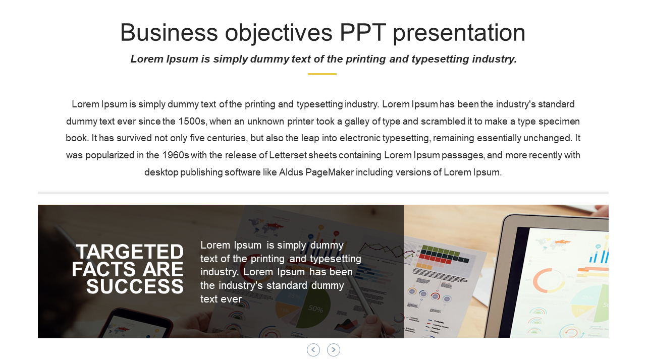 Business objectives slide with bold title, text area, and bottom images of charts and graphs for analytics.