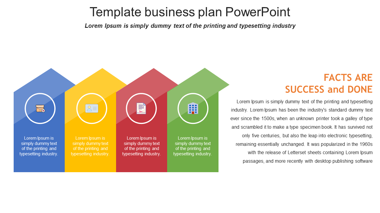 Business plan PPT slide with four colored icons representing various business categories and a facts section.