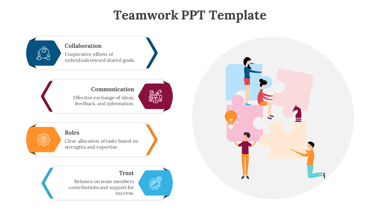 Four colored sections describing teamwork elements, with an illustration of people assembling puzzle pieces on the right.