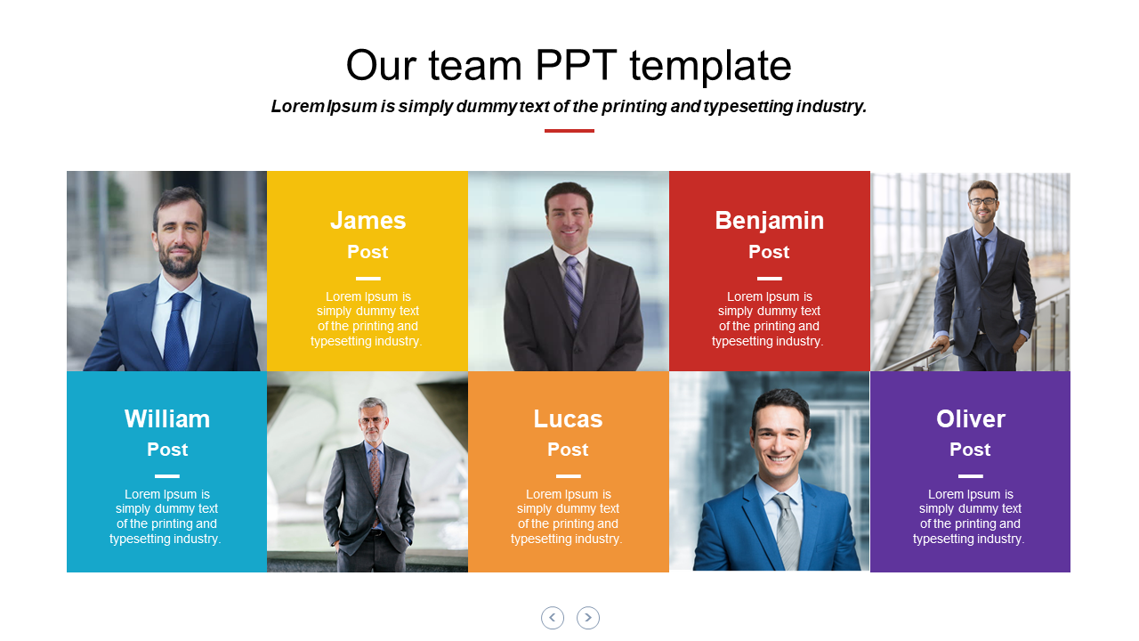 Slide showcasing team members with photos in a grid layout, each with colored caption boxes containing placeholder text.