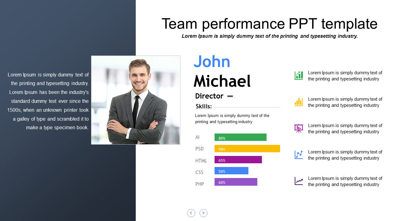 Team performance slide with a photo of a man on a gray side bar and skill proficiency bars on the right.