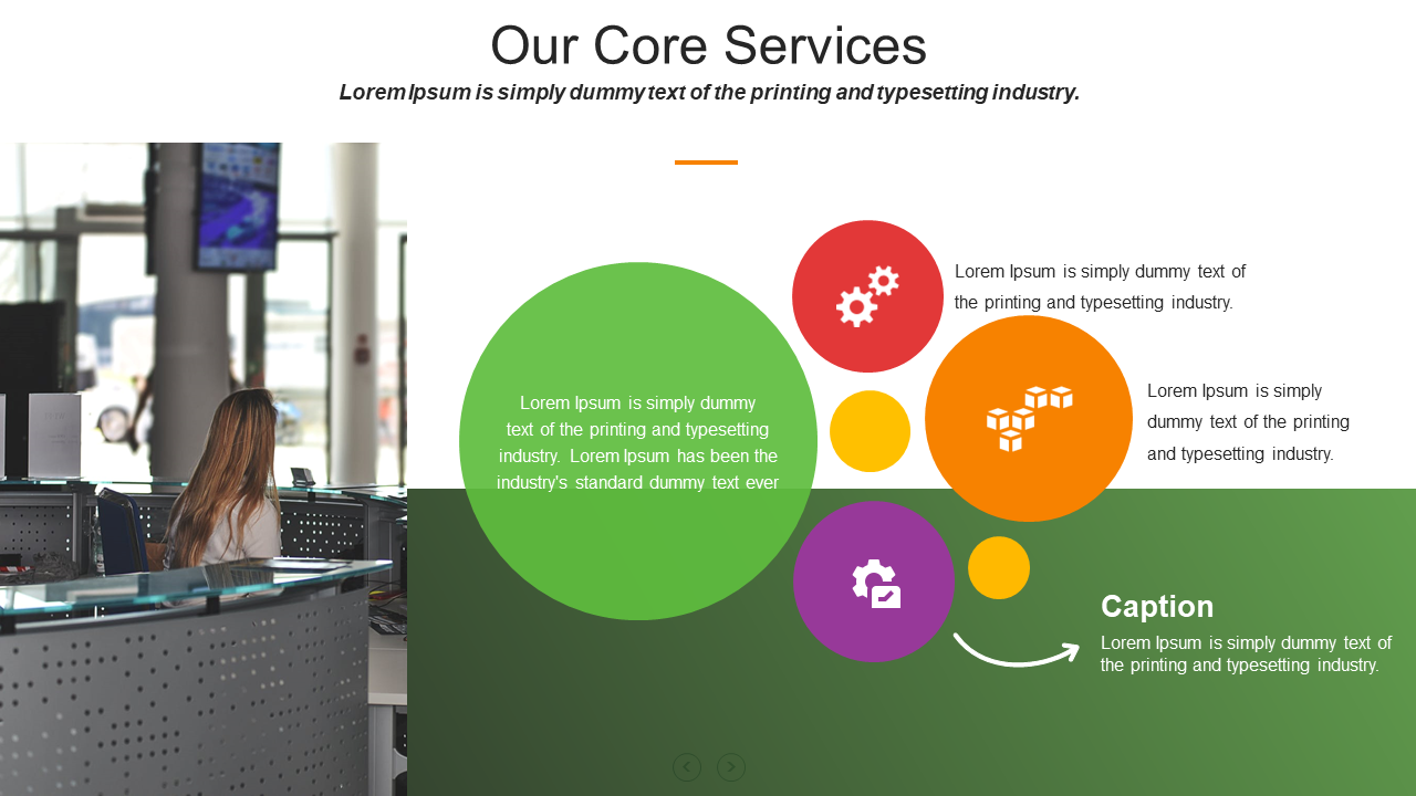 Reception desk with a circular infographic displays colorful icons and placeholder text for core services.