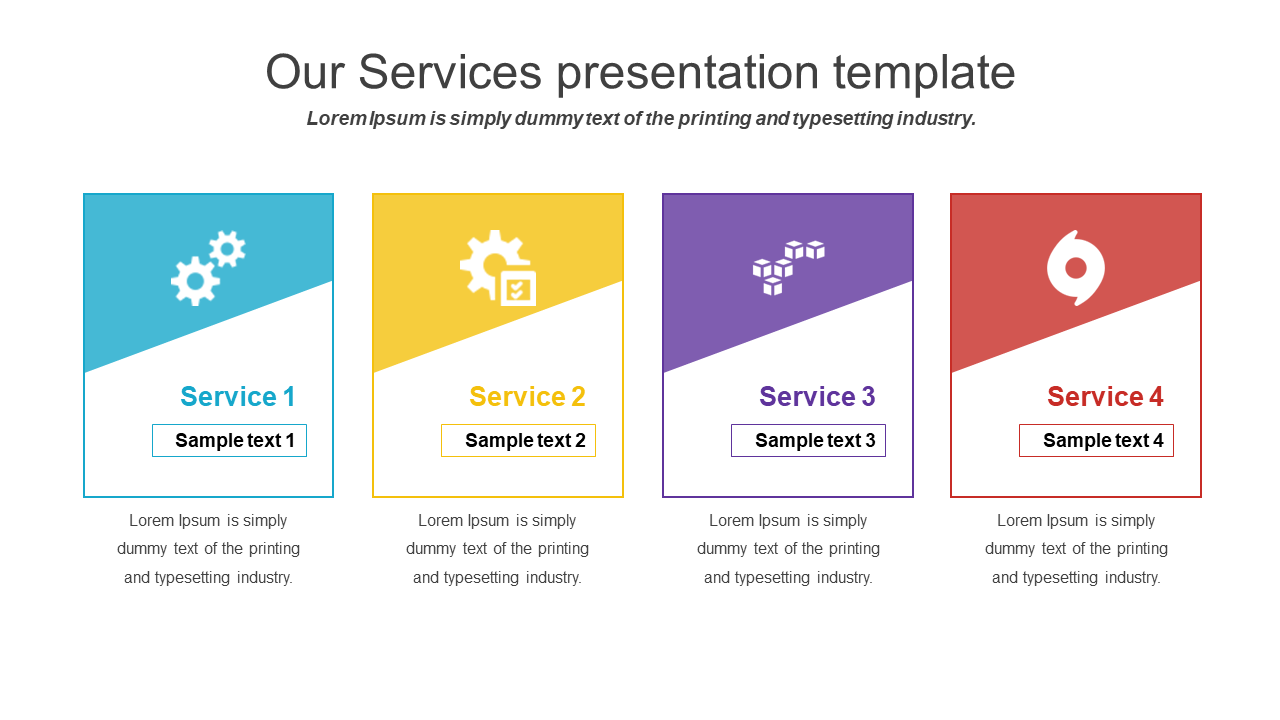 Slide with icons and placeholder text for four Services in blue, yellow, purple, and red.