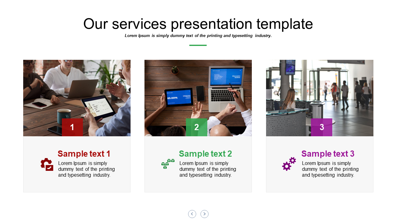 Services slide with three sections featuring images and colored boxes in red, green, and purple, with numbered captions.