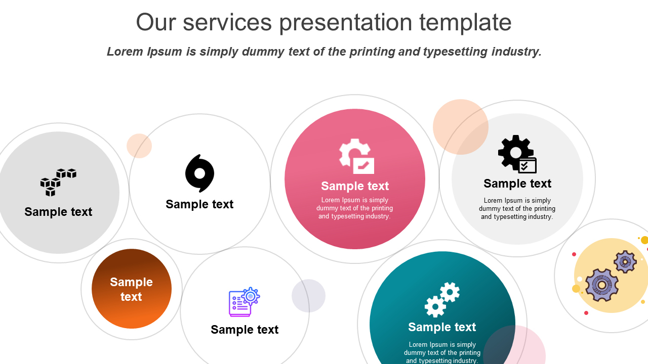 Slide with colorful circular sections, each containing icons and text related to various services.