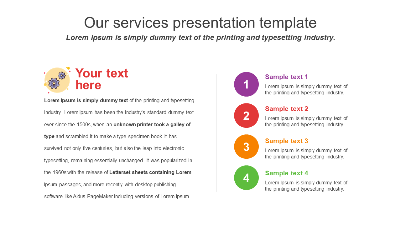 Our services PowerPoint template with an area for user provided text and colorful sample text placeholders.