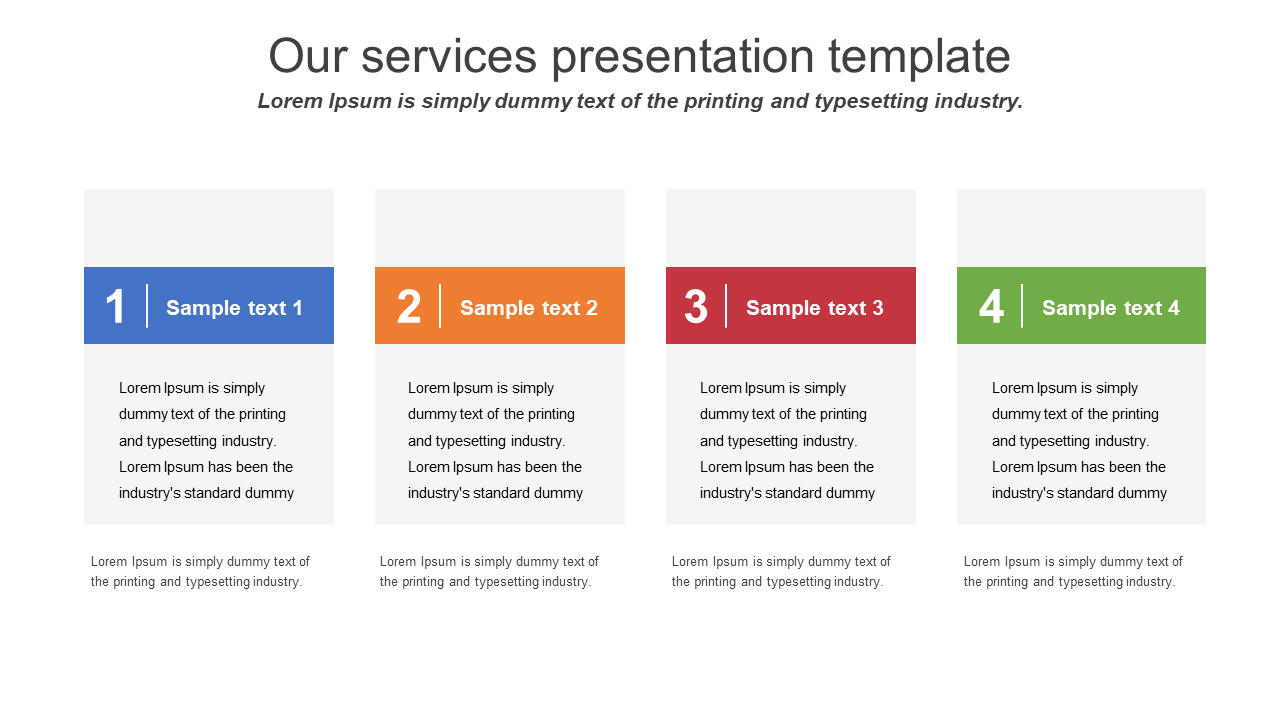 Slide for services with four numbered blocks in blue, orange, red, and green, each containing sample text.