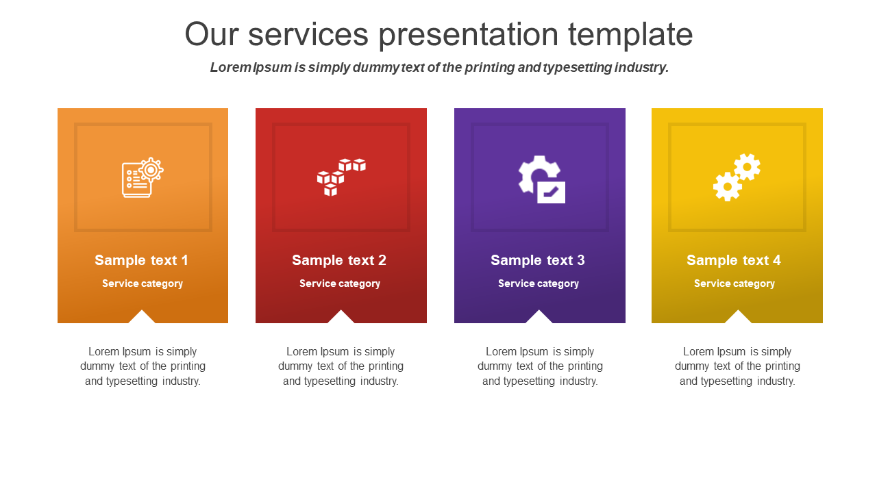 Our services presentation template features service categories with icons and placeholders for text in colorful sections.