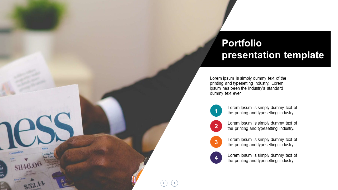 Portfolio presentation template with four numbered sections and a background image of a person reading a newspaper.