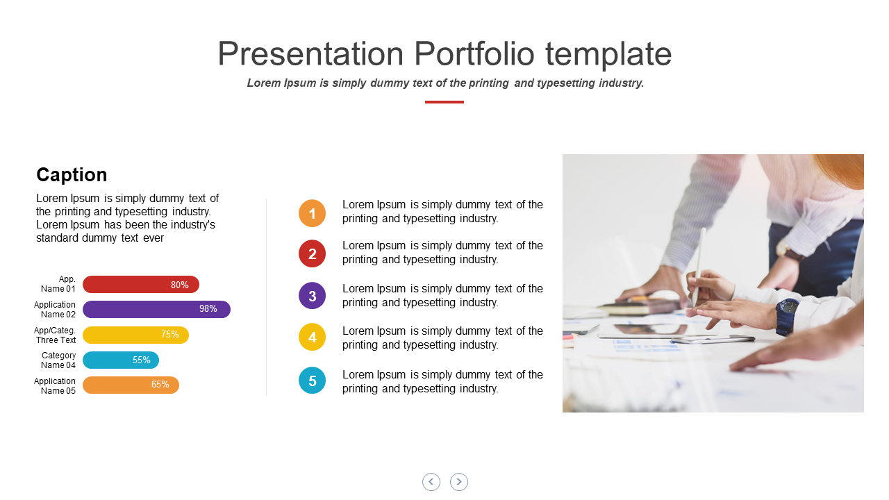 Portfolio template featuring five colored progress bars, with numbered captions and a group working on a table.